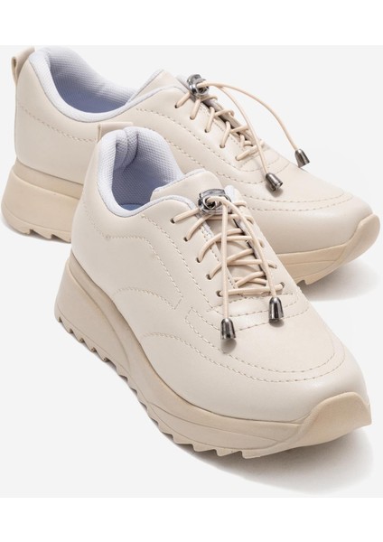 Kadın Dikişli Lastikli Spor Ayakkabı Bej Bej