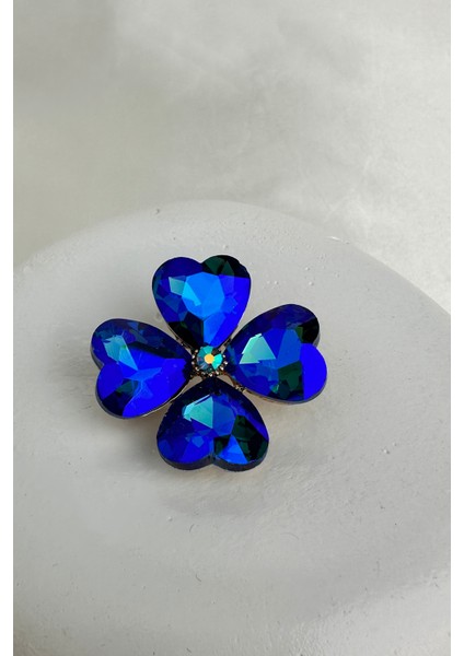 Altın Sarısı Lacivert Taş Kalp Figür Yonca Broş (3cm)