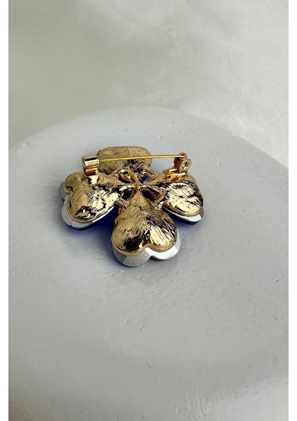 Altın Sarısı Lacivert Taş Kalp Figür Yonca Broş (3cm) fiyatları