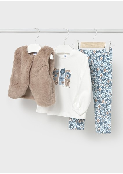 Kız Bebek 3’lü Takım | 1-4 Yaş | Kahve Tüylü Yelek, Bej Baskılı Pamuklu Tişört, Mavi desenli Tayt