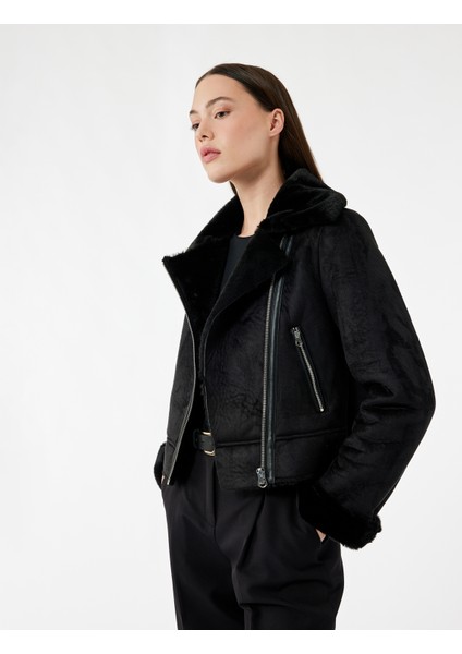 Kruvaze Yaka Uzun Kollu Fermuarlı Cepli Suni Kürk Yaka Crop Suni Süet Ceket