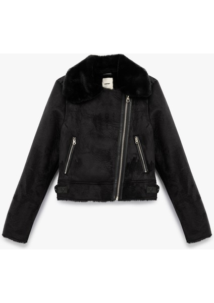 Kruvaze Yaka Uzun Kollu Fermuarlı Cepli Suni Kürk Yaka Crop Suni Süet Ceket modelleri