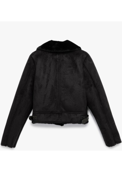 Kruvaze Yaka Uzun Kollu Fermuarlı Cepli Suni Kürk Yaka Crop Suni Süet Ceket fırsatları