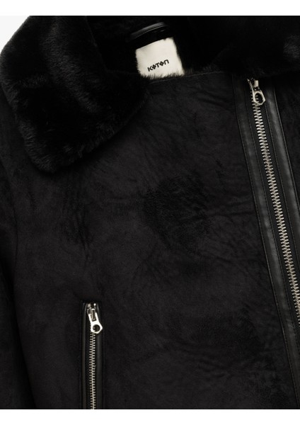 Kruvaze Yaka Uzun Kollu Fermuarlı Cepli Suni Kürk Yaka Crop Suni Süet Ceket indirimleri