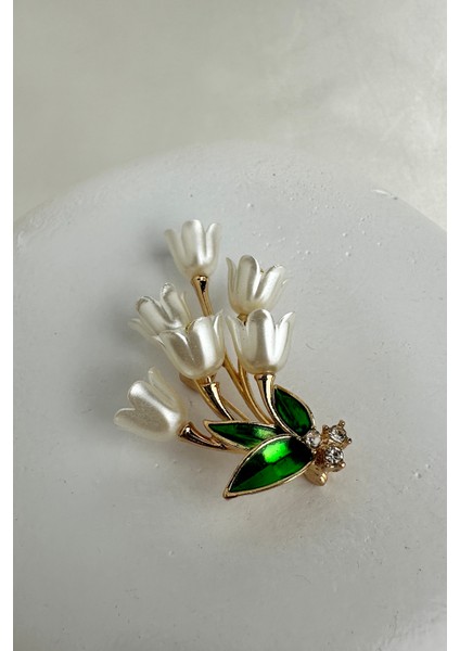 Altın Rengi Mineli Yaprak Taş Detay Lale Buketi Broş (5cm)