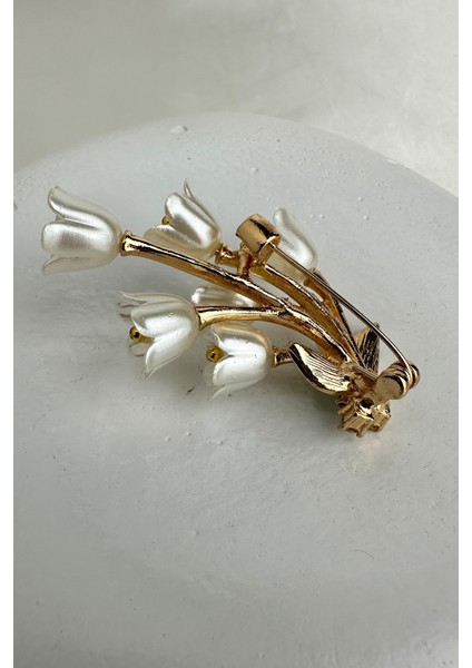 Altın Rengi Mineli Yaprak Taş Detay Lale Buketi Broş (5cm) fiyatları