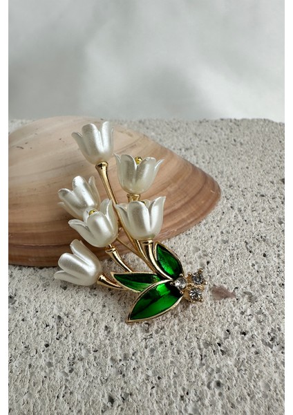 Altın Rengi Mineli Yaprak Taş Detay Lale Buketi Broş (5cm) modelleri