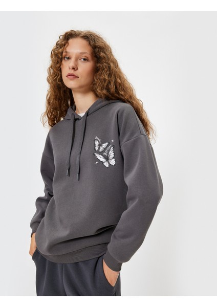 Arkası Baskılı Sweatshirt Oversize Kapüşonlu Şardonlu