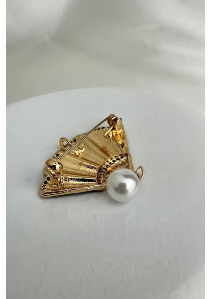 Altın Rengi Taş Detaylı Inci Sallantılı Mor Yelpaze Broş (4cm) fiyatları