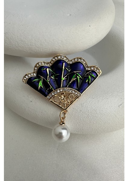 Altın Rengi Taş Detaylı Inci Sallantılı Mor Yelpaze Broş (4cm) modelleri