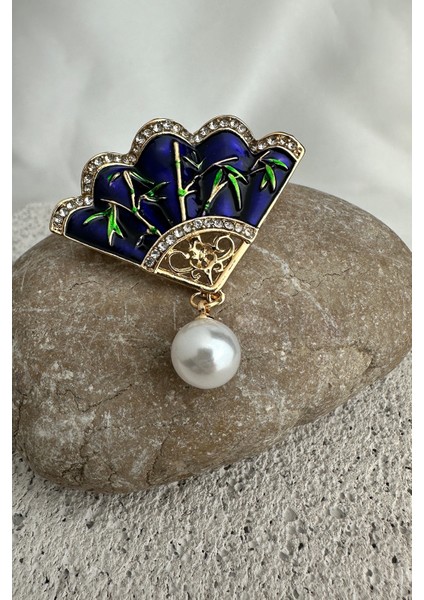 Altın Rengi Taş Detaylı Inci Sallantılı Mor Yelpaze Broş (4cm) fırsatları