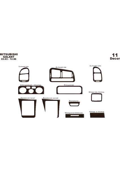 Mitsubishi Galant Konsol-Torpido Kaplama 1993-1996 11 Parça Koyu Meşe