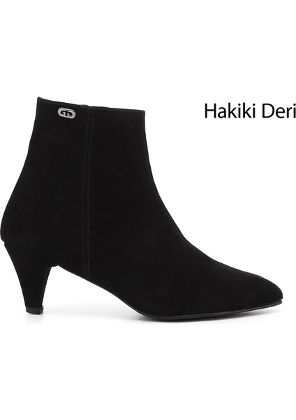 Kadın Siyah Deri Fermuarlı Sivri Burun Hakiki Deri Bot indirimleri