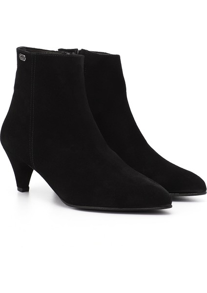 Kadın Siyah Deri Fermuarlı Sivri Burun Hakiki Deri Bot