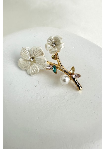 Altın Rengi Taş ve Inci Detay Sedef Yonca Broş (4cm)