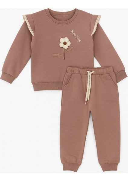 Kız Çocuk 3 Iplik Şardonlu Eşofman Takımı – Fırfır Detaylı, Çiçek Nakışlı Sweat & Alt Takım – Kahverengi – 8 Yaş modelleri