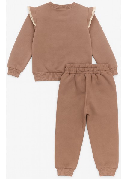 Kız Çocuk 3 Iplik Şardonlu Eşofman Takımı – Fırfır Detaylı, Çiçek Nakışlı Sweat & Alt Takım – Kahverengi – 8 Yaş fırsatları