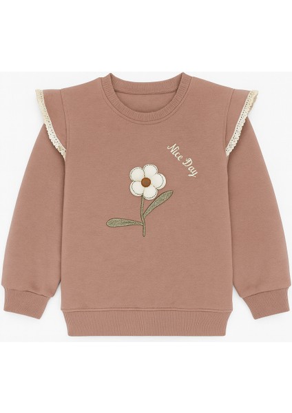 Kız Çocuk 3 Iplik Şardonlu Eşofman Takımı – Fırfır Detaylı, Çiçek Nakışlı Sweat & Alt Takım – Kahverengi – 8 Yaş indirimleri