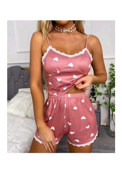 Dantel Detaylı Kalpli Pijama Takımı