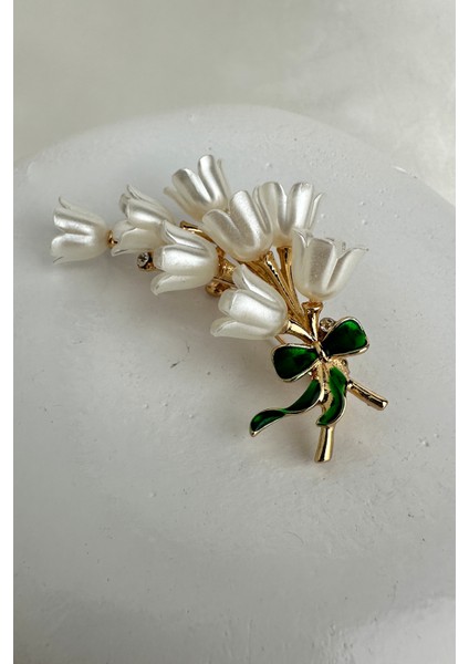 Altın Rengi Yeşi Mineli Fiyonk Detay Sedef Laleler Broş (6cm)