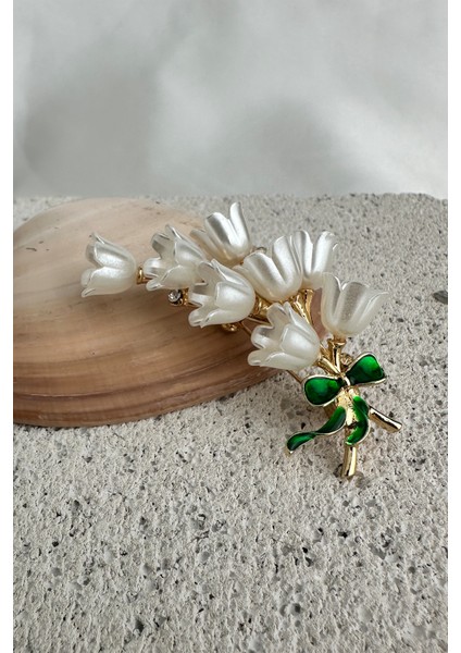 Altın Rengi Yeşi Mineli Fiyonk Detay Sedef Laleler Broş (6cm) modelleri