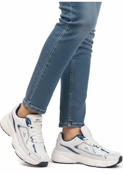 Beyaz Lacivert Bağcıklı Hafif Cilt Unisex Spor Ayakkabı Zafira G