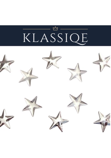 Klassıqe® | 6 mm Gümüş Metal Yıldız Figürlü Ütüyle Yapışan Hotfix Taş (Punk, Rock, Tekstil, Aksesuar Süsleme)
