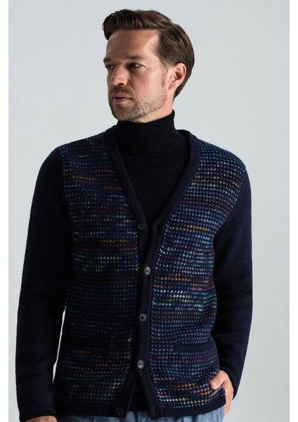 Merino Yün Etnik Desen Düğmeli Lacivert Hırka