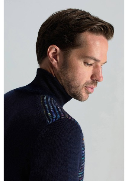 Merino Yün Etnik Desen Düğmeli Lacivert Hırka fırsatları