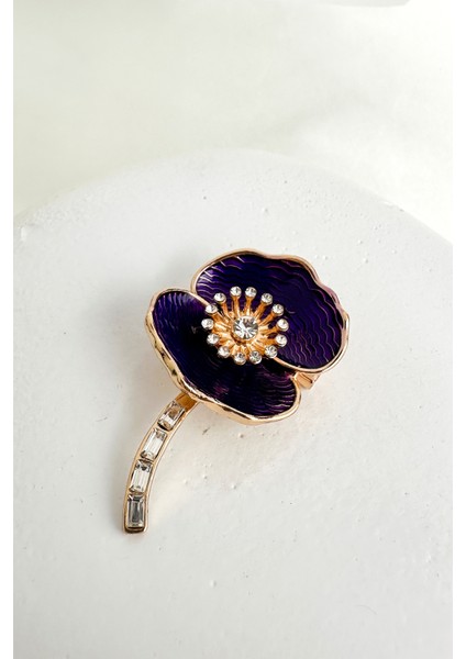 Altın Rengi Mineli Baget Taş Detay Çiçek Broş (5cm)