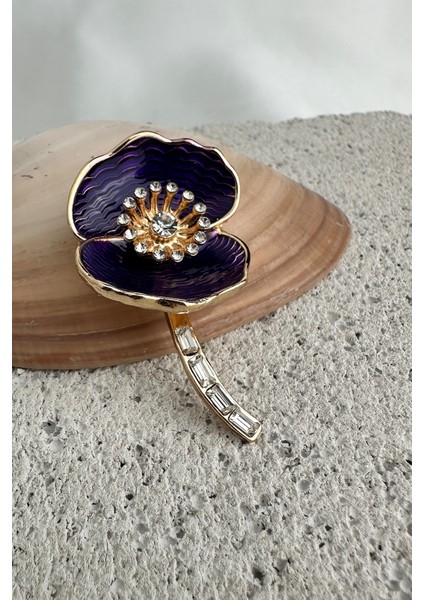 Altın Rengi Mineli Baget Taş Detay Çiçek Broş (5cm) modelleri