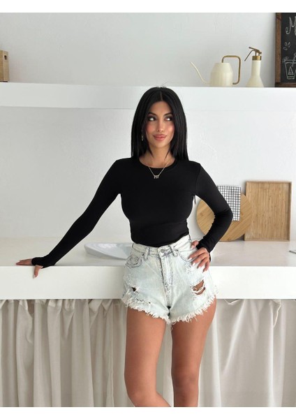 Kadın Bisiklet Yaka Uzun Kol Parmak Geçmeli Buzy Bady