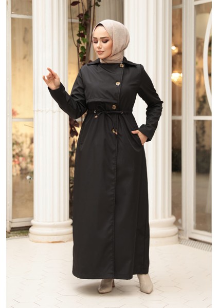 Düğmeli Siyah Tesettür Trençkot 62231S