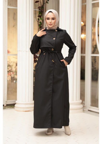 Düğmeli Siyah Tesettür Trençkot 62231S fiyatları