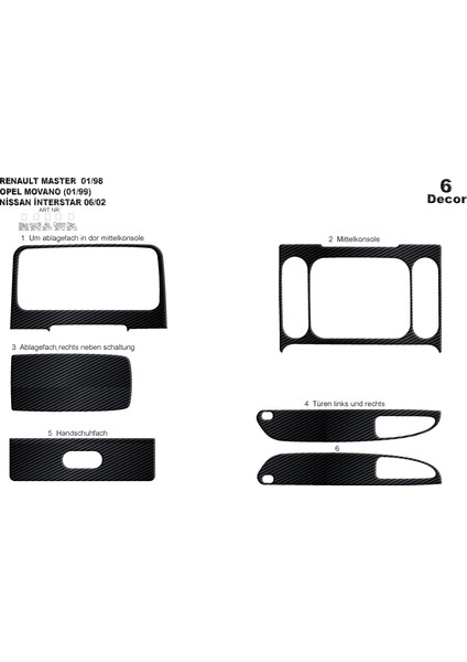 Renault Master Movano Interstar Konsol-Torpido Kaplama 1999-2003 Siyah Karbon