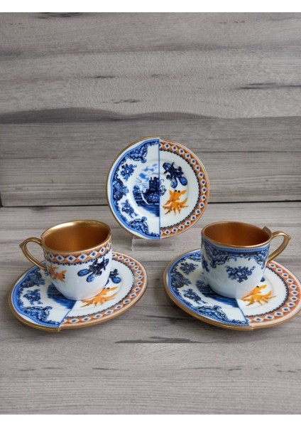 Hybrıd-1 - 2 Kişilik Çift Desenli Içi Gold Kahve Fincanı Seti