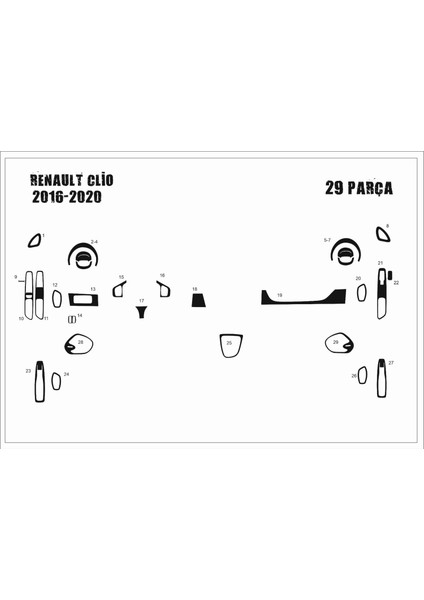 Renault Clio 2016-2020 Konsol-Torpido Kaplama 29 Parça Piano Black
