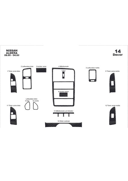 Nissan Almera Konsol-Torpido Kaplama 1995-1999 14 Parça Karbon