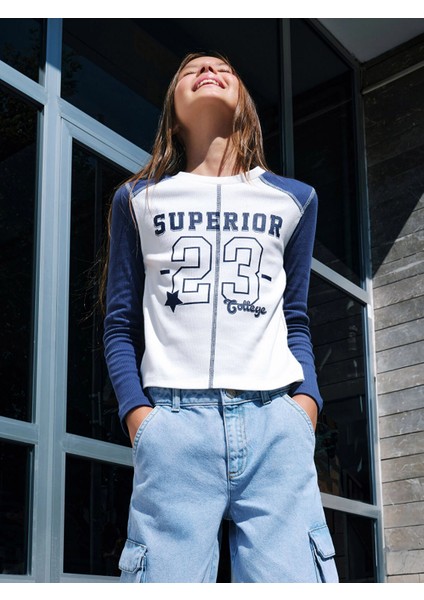 Lcw Kids Lacivert Bisiklet Yaka Baskılı Uzun Kollu Kız Çocuk Tişört