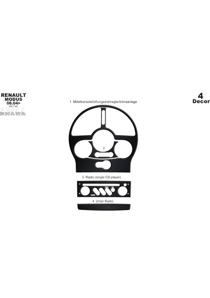 Renault Modus Konsol-Torpido Kaplama 2004 4 Parça Siyah Karbon