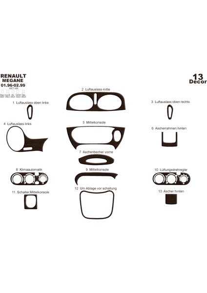 Renault Megane Konsol-Torpido Kaplama 1996-1999 13 Parça Koyu Meşe
