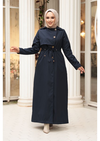 Düğmeli Lacivert Tesettür Trençkot 62231L