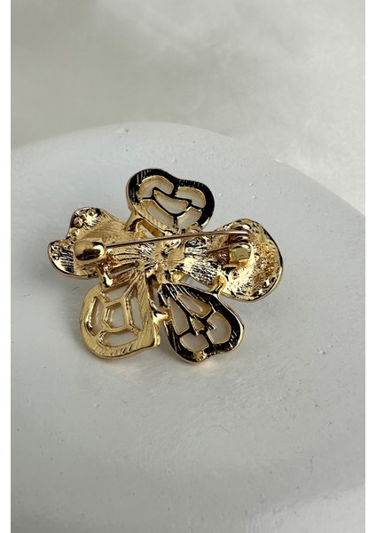Altın Rengi Gül ve Taş Detay Incili Sedef Yonca Broş (4cm) fiyatları