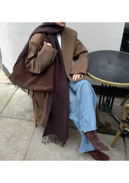 Ithal Puffy Yumuşak Dokulu Atkı Şal Omuz Şalı -Acı Kahve