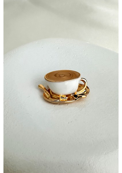 Altın Sarısı Kaşık Detay Mineli Kahve Fincanı Broş (3cm)