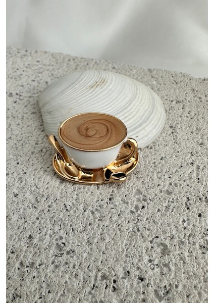 Altın Sarısı Kaşık Detay Mineli Kahve Fincanı Broş (3cm) fırsatları