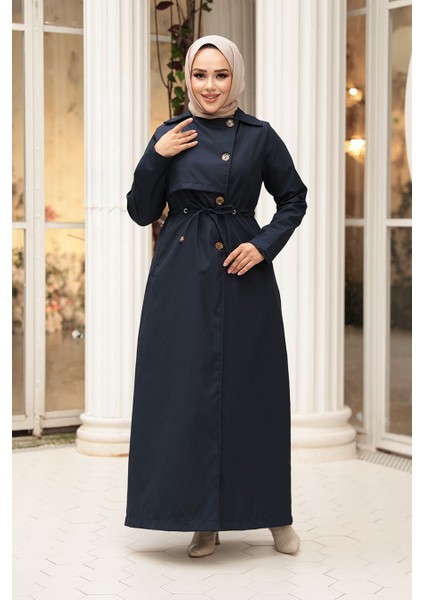 Düğmeli Lacivert Tesettür Trençkot 62231L fiyatları