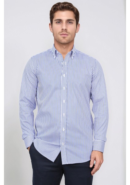 Slim Fit Non-Iron Çizgili Mavi Gömlek