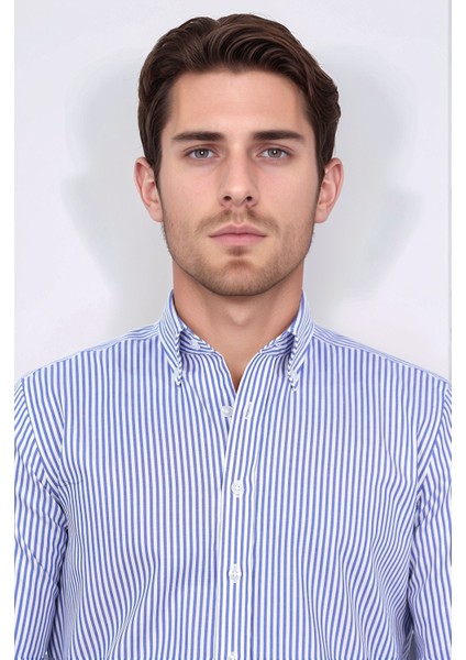 Slim Fit Non-Iron Çizgili Mavi Gömlek fiyatları