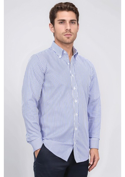 Slim Fit Non-Iron Çizgili Mavi Gömlek modelleri